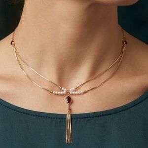 Source Unknown Gold Layered Choker Necklace Ruby Red GemsStone Tassel 11”